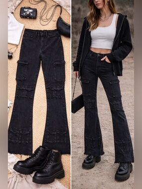 Rockstar Original Black Cargo Flare Jeans Size 32 High Rise Stretch Goth Y2K